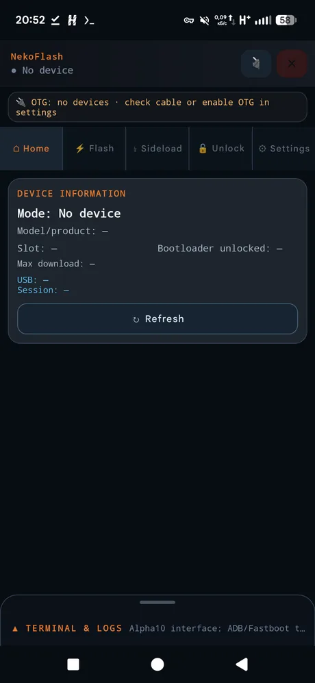 NekoFlash device information home screen