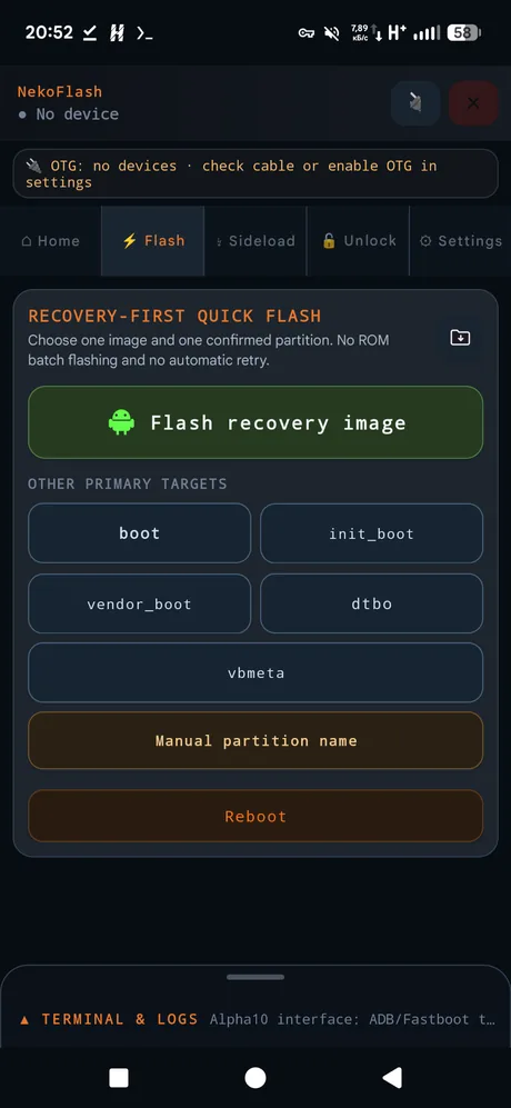 NekoFlash Quick Flash screen