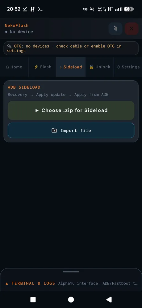 NekoFlash ADB Sideload screen