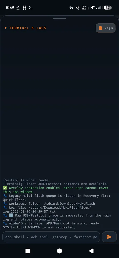 NekoFlash built-in ADB Fastboot terminal and logs