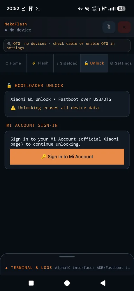 NekoFlash Xiaomi Mi Unlock screen